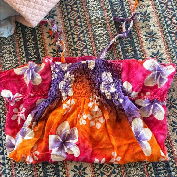 Aloha Hawaiian Fashion 2T Floral Ruched Adjustable Sundress Pink Orange Purple - Picture 6 of 6
